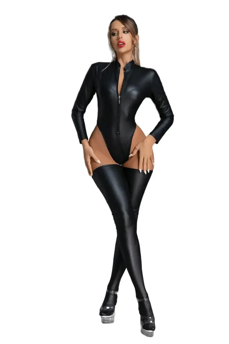 Mono sexy de cuero sintético efecto mojado – Body de látex PVC con entrepierna abierta y medias - Imagen 3