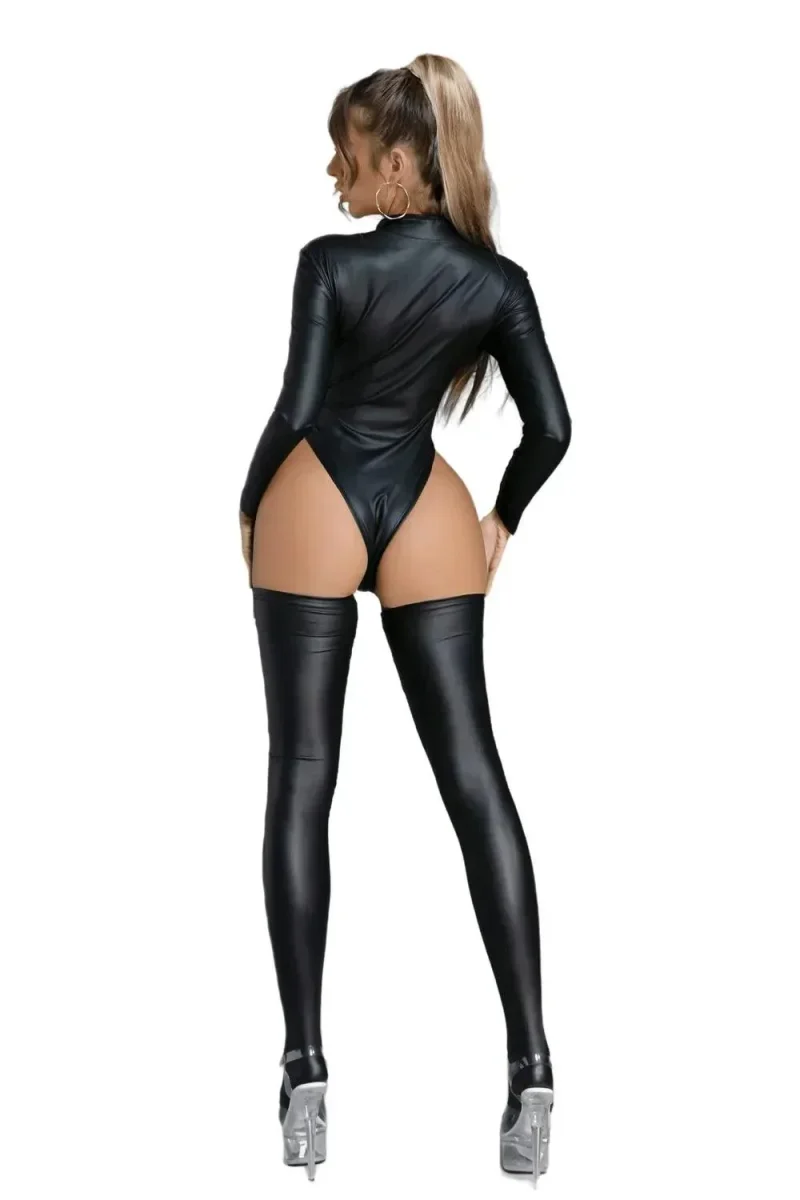 Mono sexy de cuero sintético efecto mojado – Body de látex PVC con entrepierna abierta y medias - Imagen 5