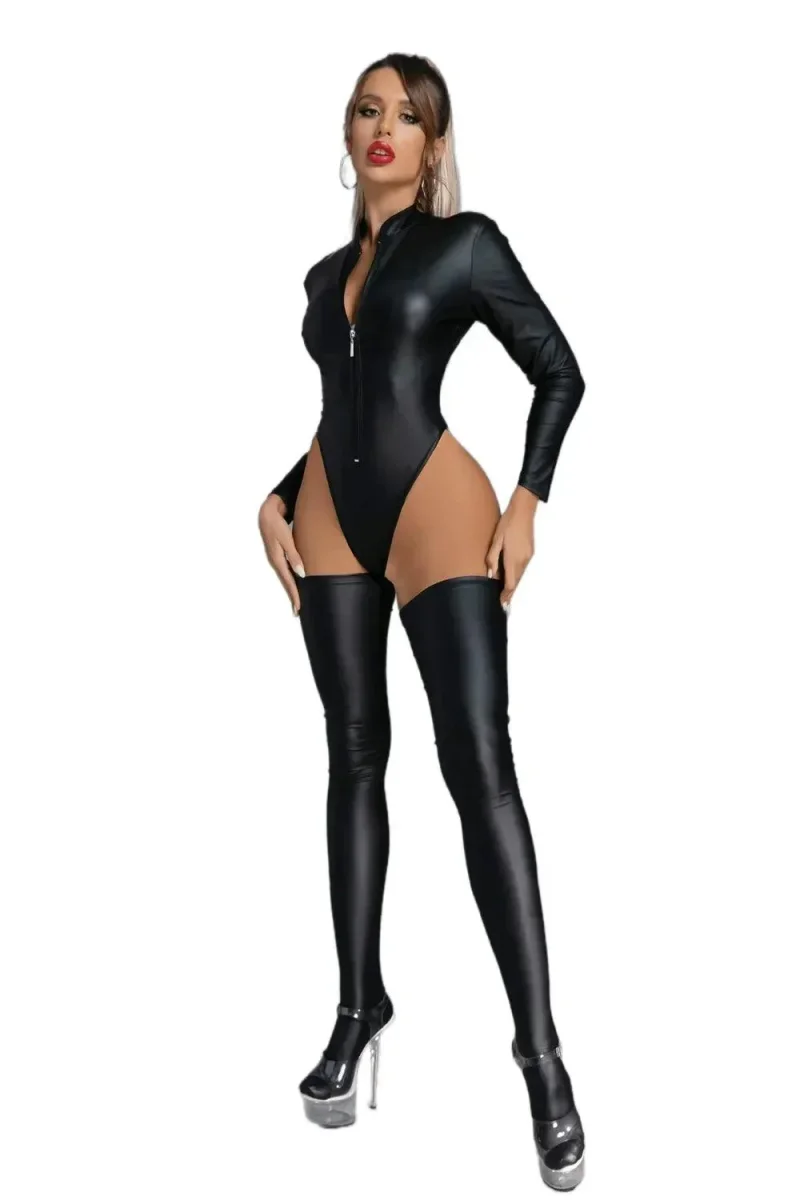 Mono sexy de cuero sintético efecto mojado – Body de látex PVC con entrepierna abierta y medias - Imagen 4