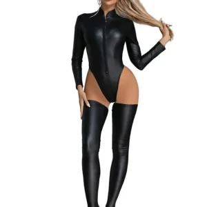 Mono sexy de cuero sintético efecto mojado – Body de látex PVC con entrepierna abierta y medias