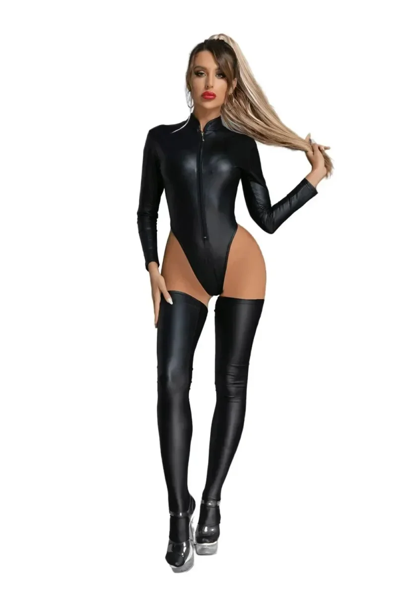 Mono sexy de cuero sintético efecto mojado – Body de látex PVC con entrepierna abierta y medias